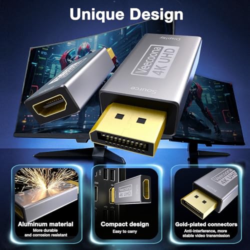 4K DisplayPort to HDMI Adapter 1-Pack Uni Directional DP Source to HDMI Display Converter, 4K@60Hz, 2K@120Hz, 1080P@120Hz, Male to Female, for Computer,Desktop,Labtop,PC,Monitor,HDTV - Gold Plated - color: Silver