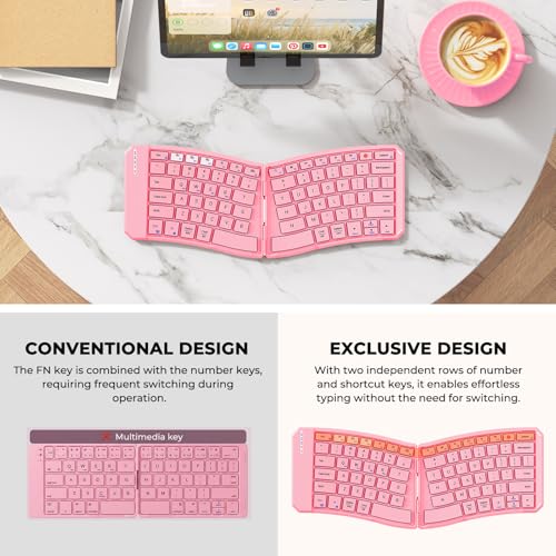 MEETION Foldable Ergonomic Bluetooth Keyboard, Split, Portable, Pink | Compact rechargeable folding keyboard with split ergonomic design, ideal for business travel, for Windows, Mac, iPad, Android - color: Pink
