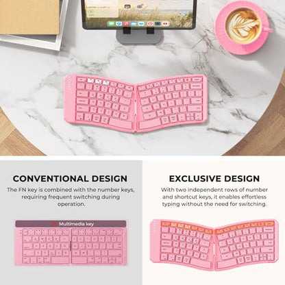 MEETION Foldable Ergonomic Bluetooth Keyboard, Split, Portable, Pink | Compact rechargeable folding keyboard with split ergonomic design, ideal for business travel, for Windows, Mac, iPad, Android - color: Pink