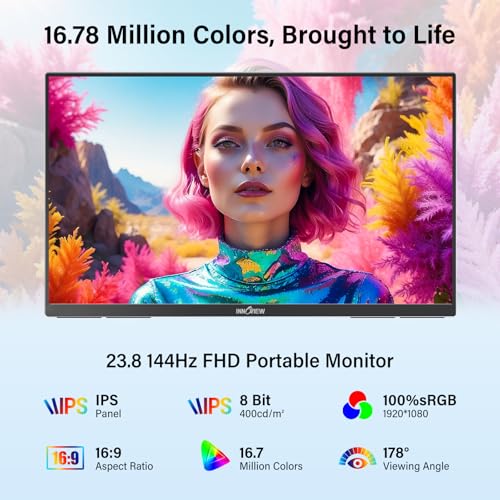 InnoView Large Portable Monitor 23.8inch FHD 1080P 144Hz USB-C, HDMI Computer Display HDR 100% sRGB IPS Gaming Monitor W/180°Adjustable DC Eyes Care Stand for Laptop PC MAC Phone PS4 Xbox Switch - size: 23.8" 1080P 144Hz