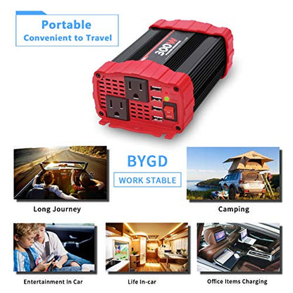 BYGD 300W Car Power Inverter, DC 12V to 110V AC Vehicle Plug Adapter Converter with 4 USB Quick Charging Ports and Dual AC Outlets Car Charger Equipped Cigarette Lighter Cable and Battery Clamps Red - size: 300W
