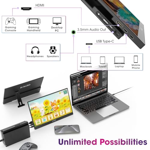 Kado 15.6" FHD Portable Monitor for Laptop 1080p Second Display IPS | 45W Reverse Charging HDMI USB-C, 1920x1080 Laptop Screen Extender, Kickstand for PC, Mac, Dex, Tablet, Xbox, PS4/PS5, Switch - size: 72% sRGB