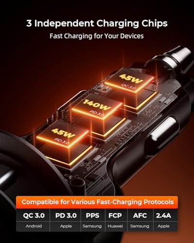 230W USB C Fast Car Charger PD140W/PPS63W/QC45W, 3-Ports Mutiple Car Charger Adapter, 12-24V Cigarette Lighter Adapter, Fast Charging for iPhone/MacBook/iPad/Laptop/Samsung/Pixel/Android
