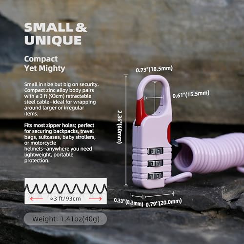 Travel Locks Cable Retractable, Mini Snowboard Lock with Combination, Small Padlock Combination with Wire for Luggage, Backpack, Suitcase, Stroller, Ski Gear, Motorcycle Helmet Anti Theft - color: Black+Pink