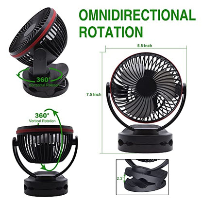 5.5Inch Rechargeable RV Cooling Fan Light with 4 Speeds, 5000mAh Battery Desk Fan, Rotatable Clip On Desk/Wall-Mount Fan, for Home Office RV&Travel - color: Red and Black