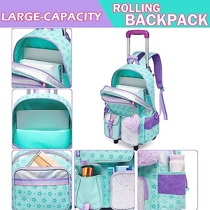Meetbelify Rolling Backpack with Wheels - Cute Carry On Backpack with Lunch Box Pencil Case for Elementary Student to Teen Girls - 8-10 Years - color: Star Green