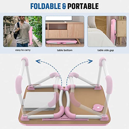 Zapuno Multi-Function Laptop Bed Table with Storage Drawer and Cup Holder, Lap Desk Stand Tray for Eating, Reading and Working - color: Pink