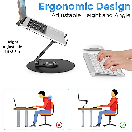 Swivel Laptop Stand for Desk, Adjustable Height Aluminum Computer Stand with 360 Rotating Base, Foldable Ergonomic Riser, Portable Laptop Holder Compatible with MacBook, All Laptops 10-17'', Black - color: Black