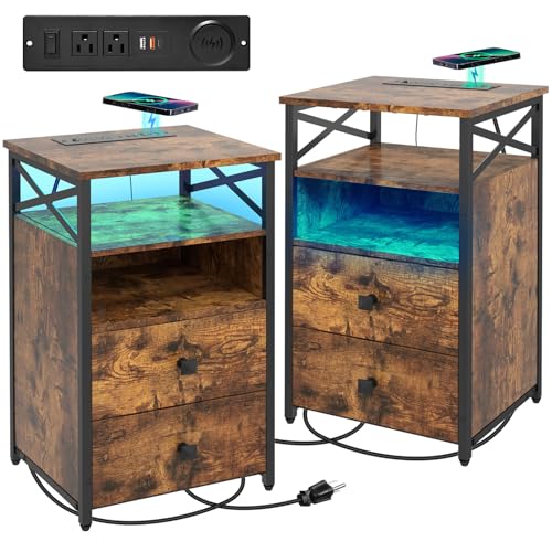 Livofloral Nightstands Set 2 with Wireless Charging Station, Night Stands Set of 2 with LED Lights and Wood Drawers, End Table with USB and Outlets, Storage Nightstands, Bedside Table for Bedroom - color: Brown, size: 2 Pack Nightstands with Wireless