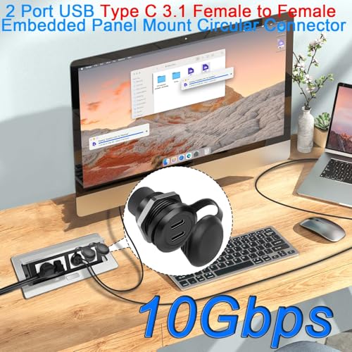 QIANRENON 10Gbps Dual USB C 3.1 Threaded Fixed Mount Adapter 2 Port USB Type C 3.1 Female to Female Embedded Panel Mount Circular Connector, Dust Cover, Installed in Dashboard Device Panel
