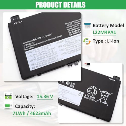 L22C4PA1 L22M4PA1 Laptop Battery Replacement for Lenovo Yoga 7 14IRL8 14ARP8 16IRL8 16ARP8 Yoga 7 2-in-1 14IML9 14AHP9 16IML9 16AHP9 Series SB11K38964 SB11K38965 SB11K38967 L22D4PA1 71Wh - size: 11.12*3.73*0.07inch L22M4PA1