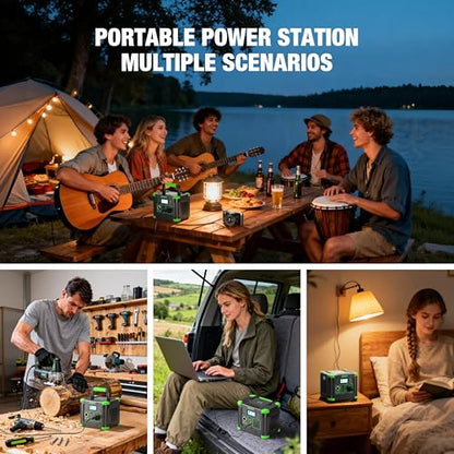 330W Portable Power Station 288.6Wh Solar Generator with 600W Peak, PD 60W USB-C, QC3.0 & 5W Wireless Charger for Camping, Emergency Backup, RV & Home Use - color: Green