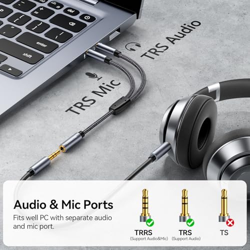 SAMZHE Headphone Splitter for Computer 3.5mm Female to 2 Dual 3.5mm Male Braided Audio Splitter Cable Microphone Stereo Jack Earphones Port Cord Gaming Headset to PC Laptop Adapter Black