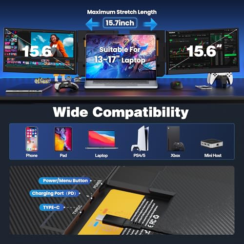 CIDETTY One Cable Connection Laptop Screen Extender Monitor Portable, Ultra Thin 15.6" 1080P FHD Triple Screen,Fit for 13-17" Laptop, Plug & Play Compatiable with Win/Mac/Chrome/Android - color: 15.6“ Grey