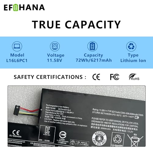 L16L6PC1 L16M6PC1 Laptop Battery Replacement for Lenovo Yoga 720 720-15Ikb 720-15 Series Notebook L16M6PC1 L16C6PC1 5B10M53745 5B10M53743 5B10M53744 3ICP4/43/110-21 11.58V 72Wh 6217mAh - size: 8.66×3.86×0.24 in L16L6PC1