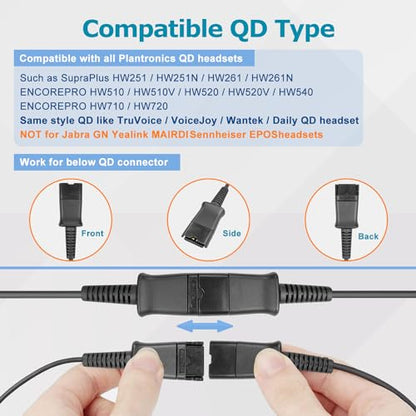 Training Y Splitter Adapter Cable to Plantronics Quick Disconnect Headsets | Plantronics QD Headset Splitter Cord Connector for Call Center, Monitoring, Training, in-line Volume Mute Controls