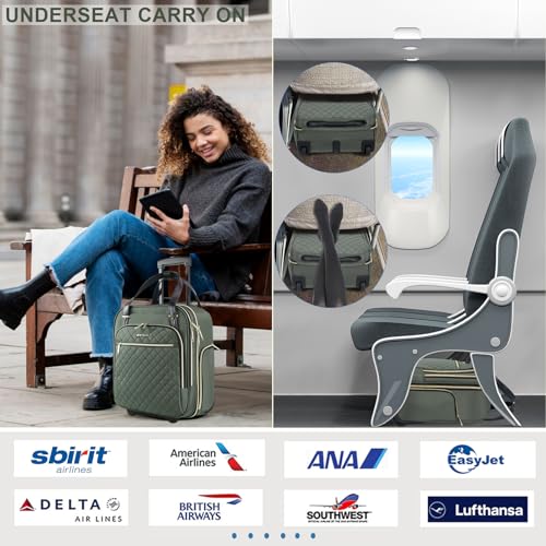 EMPSIGN Underseat Carry On Wheeled - 16" Carry on Bag with Wheels Multi-functional Lightweight Rolling Bag Overnight Weekender Small Suitcase for Women Men Travel Business, Army Green-Gold Zipper - color: Army Green-Gold Zipper