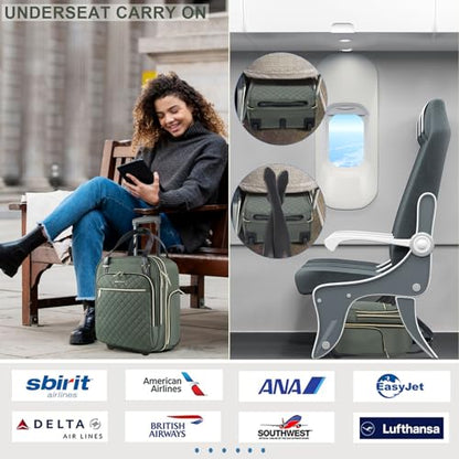 EMPSIGN Underseat Carry On Wheeled - 16" Carry on Bag with Wheels Multi-functional Lightweight Rolling Bag Overnight Weekender Small Suitcase for Women Men Travel Business, Army Green-Gold Zipper - color: Army Green-Gold Zipper