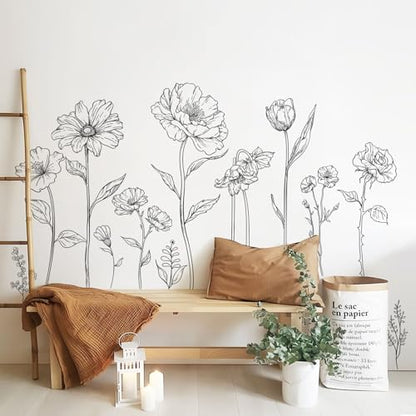 Large Black Boho Flower Wall Decals, 3 Sheets Simple Sketch Floral Wall Stickers Peony Wildflower Peel Stick Wall Art Decor Bedroom Home Room Office Garden Hall Adult Gifts for Mom(11.8x35.4 in/Sheet) - style: Large Peony Flower Set
