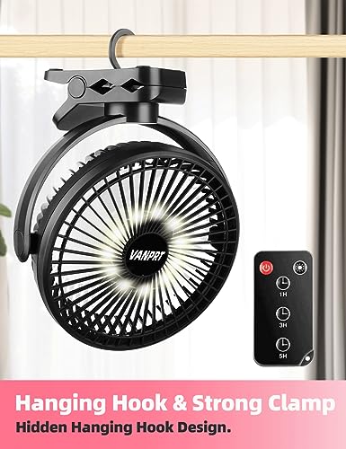 8'' Rechargeable Portable Hanging RV Tent Clip fan with Remote, 10000mAh Camping Fan, 3 Speed, Max 40 Hours Working Time, with LED light and Timer, 720°Rotation, as Emergency Power - Black - style: 8'' Rechargeable Camping Fan