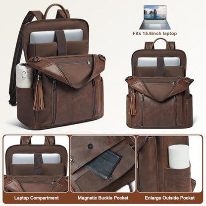 Laptop Backpack for Women 15.6 inch,Travel Leather Backpack Purse Nurse Teacher Carry on Backpack Computer Bag,Professional Water-Resistant College Business Work Casual Daypack,Brown - color: Crazy Horse Brown01