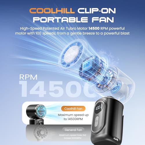 Portable Clip-On Mini Fan Handheld Turbo Fan 180° Rotating 3000mAh 5-speed | Handheld Mini Fan with LED Display, 14500 RPM Rechargeable Stroller Fan for Travel, Camping, Game day & Office - color: black