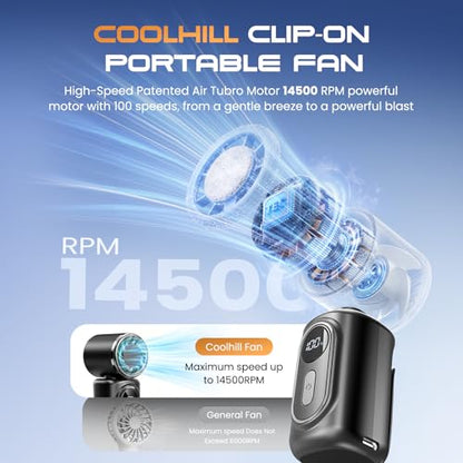 Portable Clip-On Mini Fan Handheld Turbo Fan 180° Rotating 3000mAh 5-speed | Handheld Mini Fan with LED Display, 14500 RPM Rechargeable Stroller Fan for Travel, Camping, Game day & Office - color: black
