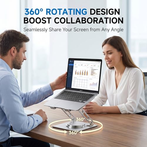Laptop Stand for Desk with Dual Quiet Cooling Fans - 360° Rotating Base Ergonomic Computer Stand, Heavy-Duty Carbon Steel Laptop Riser Foldable Portable for Office Home (Black)