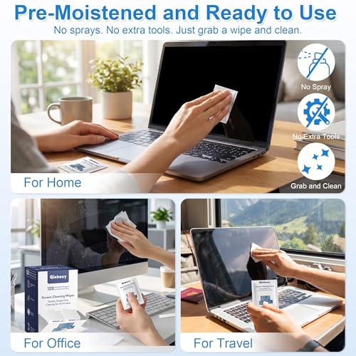 Screen Cleaner Wipes for Electronics, Lens Wipes, Streak-Free Screen Wipes | 120 Count Electronics Cleaning Wipes for Portable Monitor, Gaming Monitor, Computer Screen, Laptop, Phone, Glasses