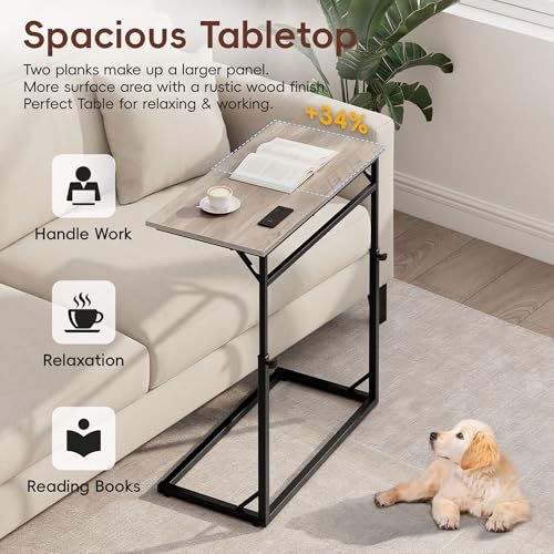 C Shaped End Table with Charging Station, C-Table End Table Adjustable Height Side Table for Couch, Large Couch Table, Slide Under Couch Table TV Tray Table for Sofa,Living Room,Bedroom, Grey - color: Greige, style: With Plug