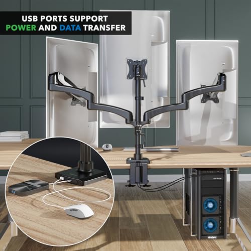 Mount-It! Triple Monitor Desk Stand, USB-A & C, Black | Gas spring arms hold up to 17.6 lbs each, fits 13-32" screens, VESA 75 & 100, built-in USB ports. - color: Black