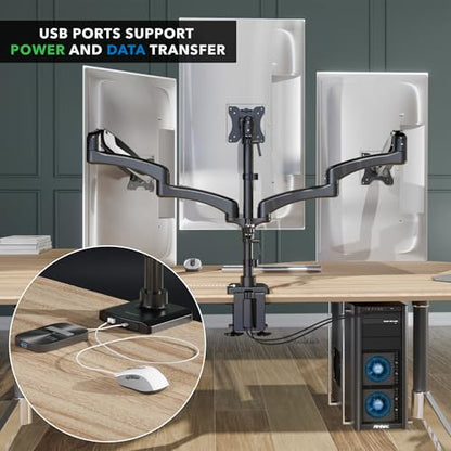 Mount-It! Triple Monitor Desk Stand, USB-A & C, Black | Gas spring arms hold up to 17.6 lbs each, fits 13-32" screens, VESA 75 & 100, built-in USB ports. - color: Black