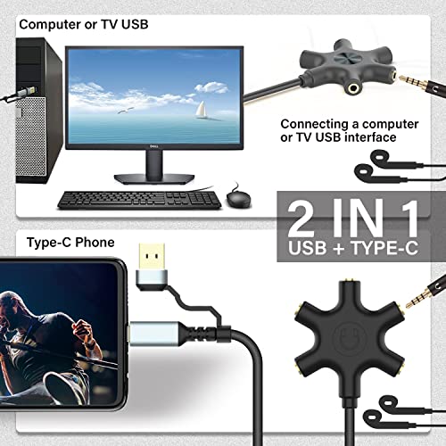 HIEbee USB A/C to Headphone Splitter, 5-Jack 3.5 mm Audio Headphone Stereo Audio Headset Adapter, Audio Earbuds Earphones Plug 5 Way 1 Male to 4 Female Splitter with 3.5mm Stereo Cable