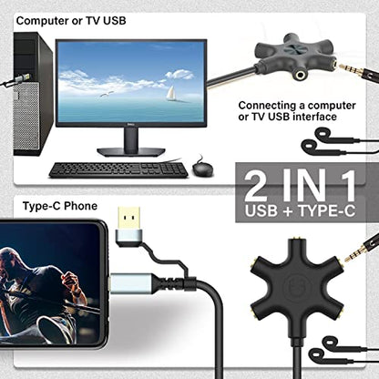 HIEbee USB A/C to Headphone Splitter, 5-Jack 3.5 mm Audio Headphone Stereo Audio Headset Adapter, Audio Earbuds Earphones Plug 5 Way 1 Male to 4 Female Splitter with 3.5mm Stereo Cable