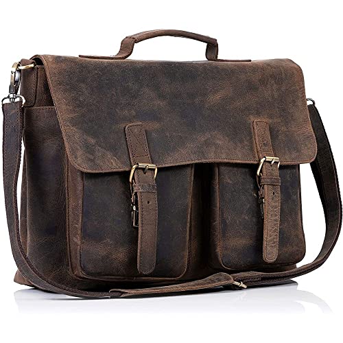 KomalC 16 Inch Leather briefcase Laptop Messenger Bags for Men and Women Best Office Satchel Bag - color: Distressed Tan