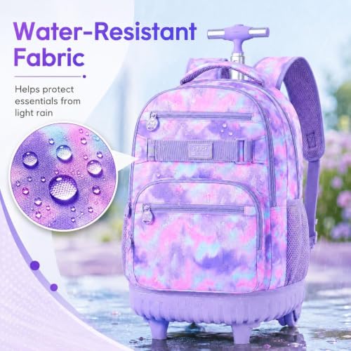 3Pcs Rolling Backpack for Girls, 19 Inche Women Roller Bag with Wheels for Adults, Wheeled Bookbag with Lunch Box(Purple) - color: Tie-dye Purple