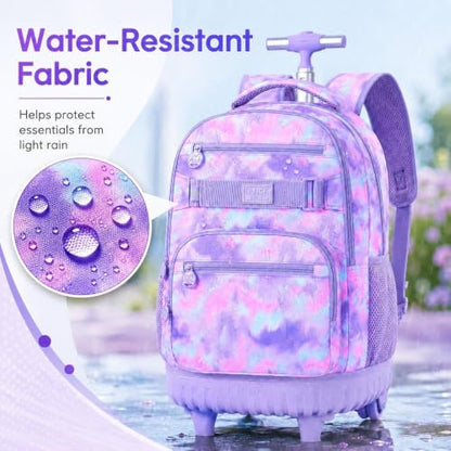 3Pcs Rolling Backpack for Girls, 19 Inche Women Roller Bag with Wheels for Adults, Wheeled Bookbag with Lunch Box(Purple) - color: Tie-dye Purple