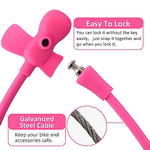 Bike Cable Lock with Keys,Silicone Covered Kids Cable Lock Cartoon Lock,2 Feet Lock for Bike,Door,Skateboard,Helmet and More (Pink, Large) - color: Pink