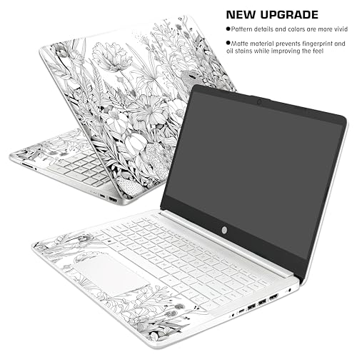 Laptop Skin Decal HP 15.6" - Black White Botanical, Laptop Cover Sticker, No Cutting Required, No Bubble, Waterproof, Scratch Resistant - Including Wide Screen and Wrist Pad - size: 15.6 inch