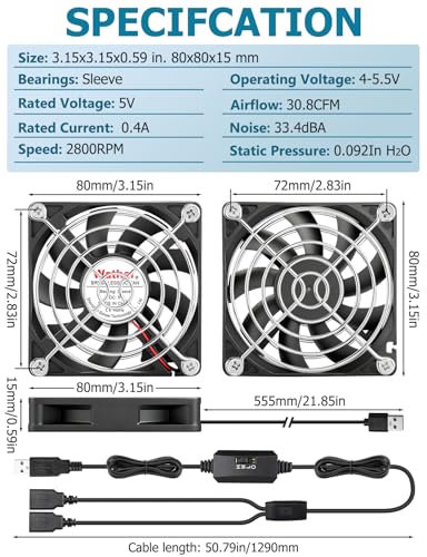 Wathai 2PCS 80mm x 15mm Small USB Fan, USB Cooling Fan 2 in 1 for AV Receiver Flat Panel Xbox DVR PS4 PS5 Router TV Box Computer Cabinet Cooler - size: 80x15mm (5V)