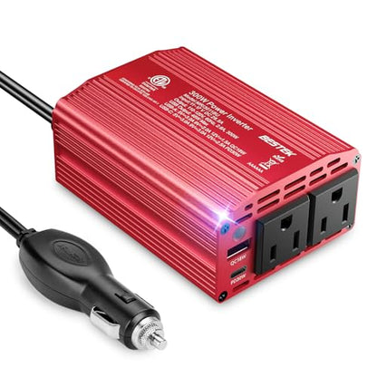 BESTEK 300W Car Power Inverter - DC 12V to 110V AC Car Plug Adapter with 30W USB-C & 18W USB-A Dual AC Outlet, Fast Car Charger Adapter for Laptop, Vehicles, Road Trip Essentials - color: Red