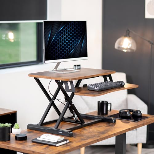 VIVO 26 inch Desk Converter, K Series, Height Adjustable Sit to Stand Riser, Dual Monitor and Laptop Workstation with Keyboard Tray, Rustic Vintage Brown Top, Black Frame, DESK-V026KN - color: Vintage Brown, size: 26"