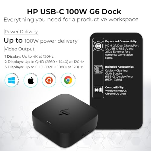 HP USB-C 100W G6 Dock with 100W Power Delivery, 120Hz + ANYHDD Cloth, USB C, HDMI, DisplayPort Cables Included