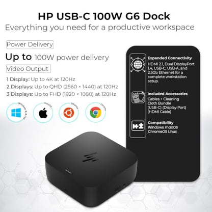 HP USB-C 100W G6 Dock with 100W Power Delivery, 120Hz + ANYHDD Cloth, USB C, HDMI, DisplayPort Cables Included