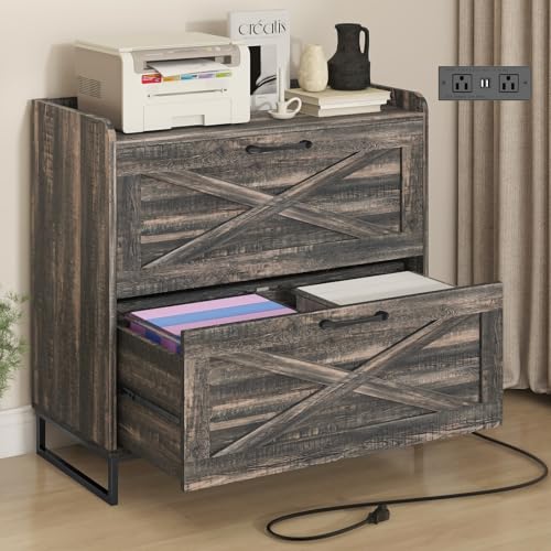 Halitaa 2 Drawer Lateral File Cabinet with Charging Station, Dark Oak | Filing Cabinet for Letter/Legal/A4 Size Hanging Files, Large Wood File Storage Cabinet Printer Stand - color: Dark Rustic Oak