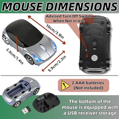 Silver Wireless Mouse，Mini Car Computer Mouse，1600DPI 2.4G with USB Receiver, Ergonomic Cute Computer Mice for Laptop, PC, Windows, Mac OS (Silver) - color: Silver