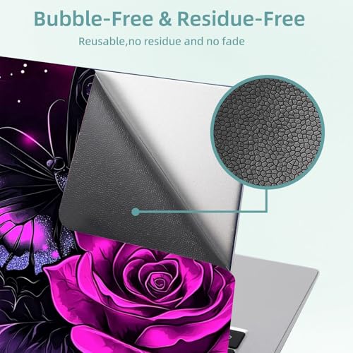 Universal Laptop Skin Decal, 3-Piece Vinyl Protector for 12 13 14 15.6" Notebook, Waterproof Anti-Scratch, Easy Trim & Bubble-Free Finish, Purple Rose and Butterfly - color: Purple Rose and Butterfly