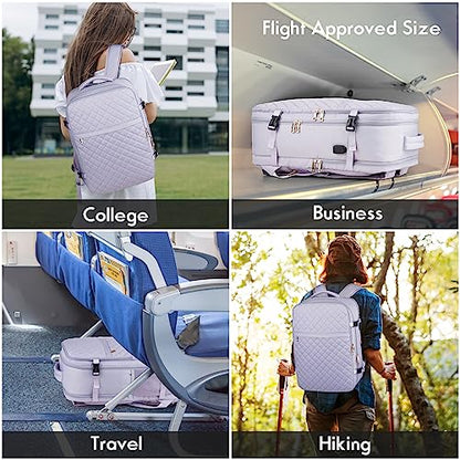 Large Travel Backpack Women, Flight Approved Carry On Backpack, Water Resistant Anti-Theft Large Casual Daypack Fit 17 Inch Laptop with USB Charging Port - color: Purple, size: 17.3 inch