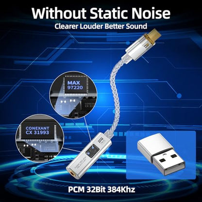 USB C to 3.5mm Audio Adapter Equipped with Dual DAC Chip CX31993&MAX97220, Audio Dongle with HiFi Amplifier, USB C to 3.5mm Headphone Aux Converter & USB A Adapter for Android iPhone iPad PC Mac - color: Silver