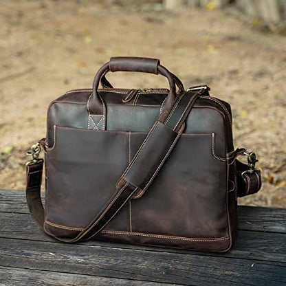 Polare Leather Briefcase for Men Business Travel Messenger Bags 15.6 Inch Laptop Bag YKK Metal Zipper - color: Dark Brown(updated Version)